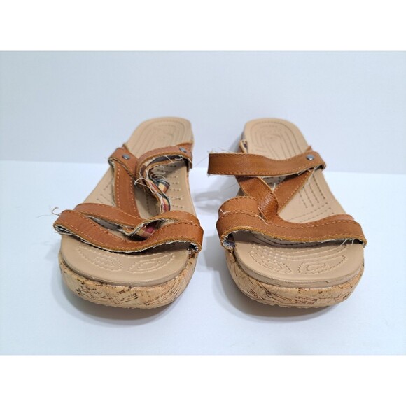 Crocs A-leigh Women's 9 Wedge Sandals Brown Leather Cork Strappy - Picture 6 of 10